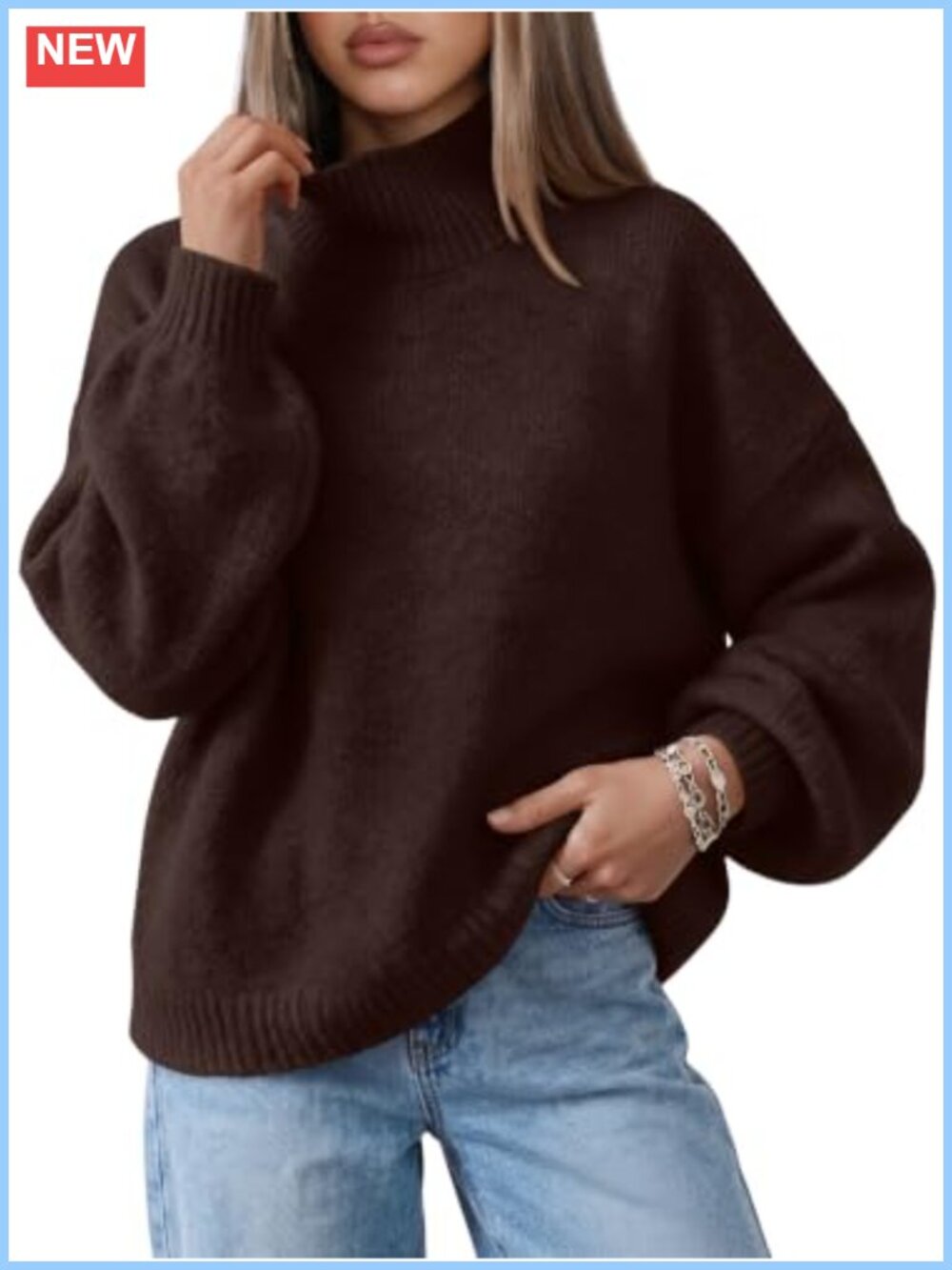 Oversized Mock Neck Knit Pullover Sweater Lantern Sleeve
